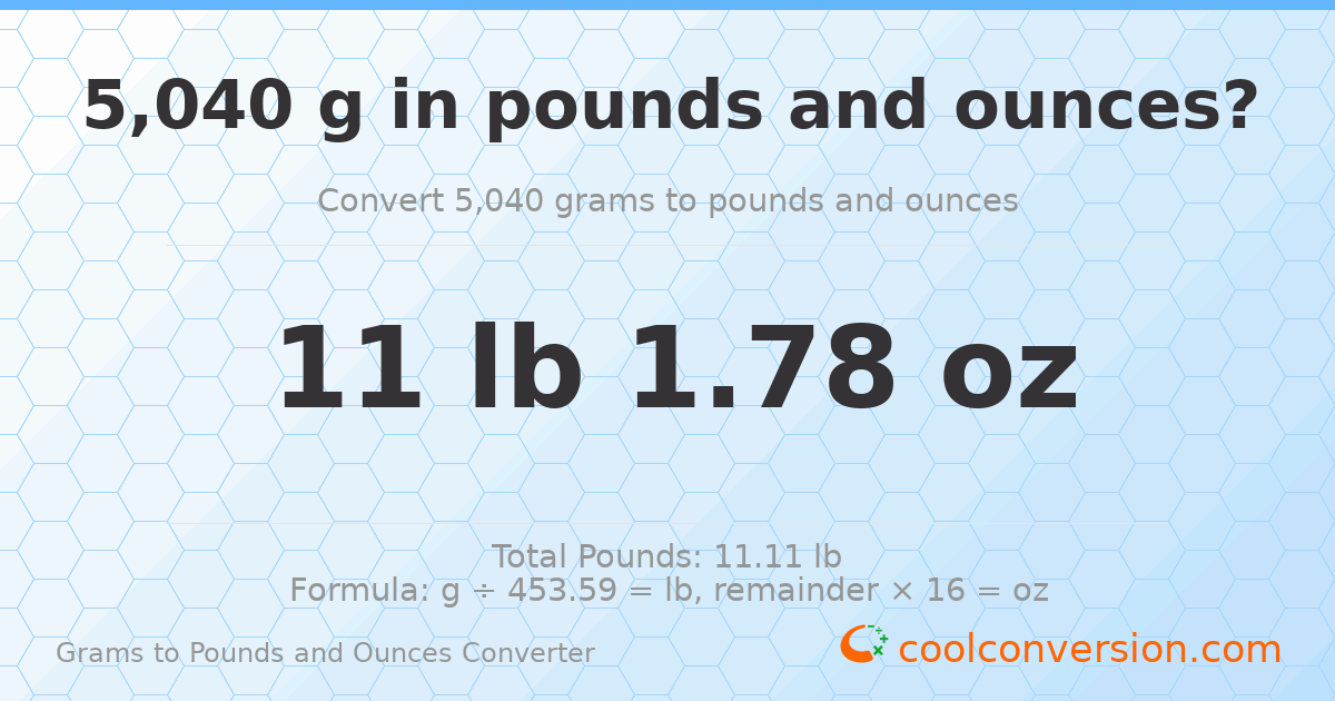 5040 g to lb and oz — 5040 g = 11 lb 1.78 oz