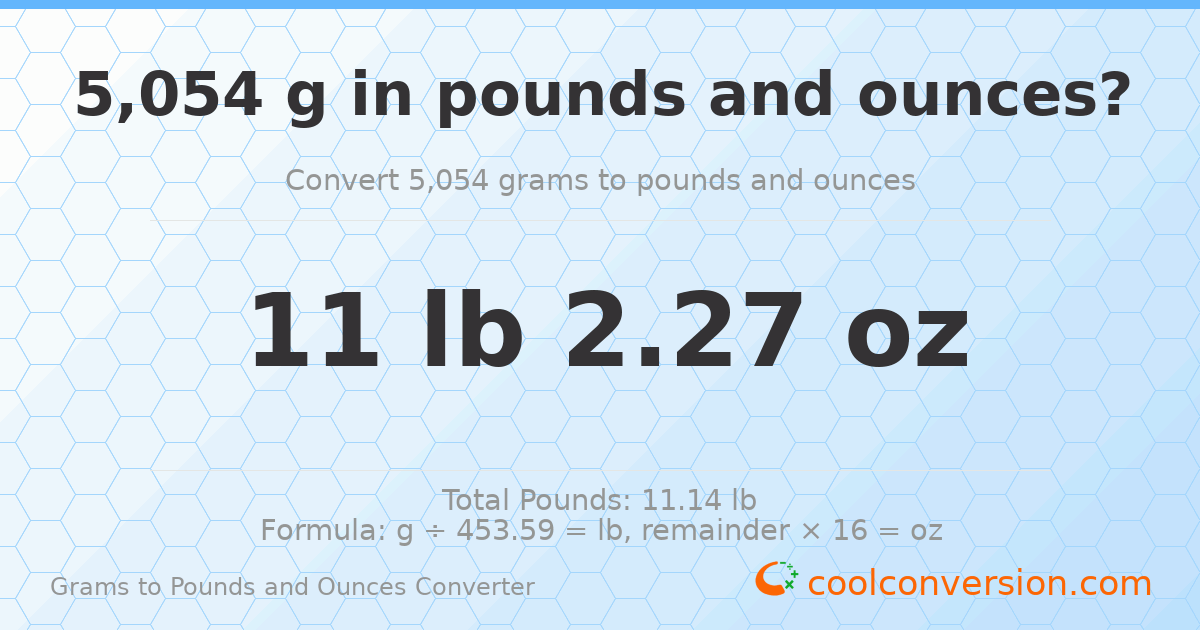 5054 g to lb and oz — 5054 g = 11 lb 2.27 oz