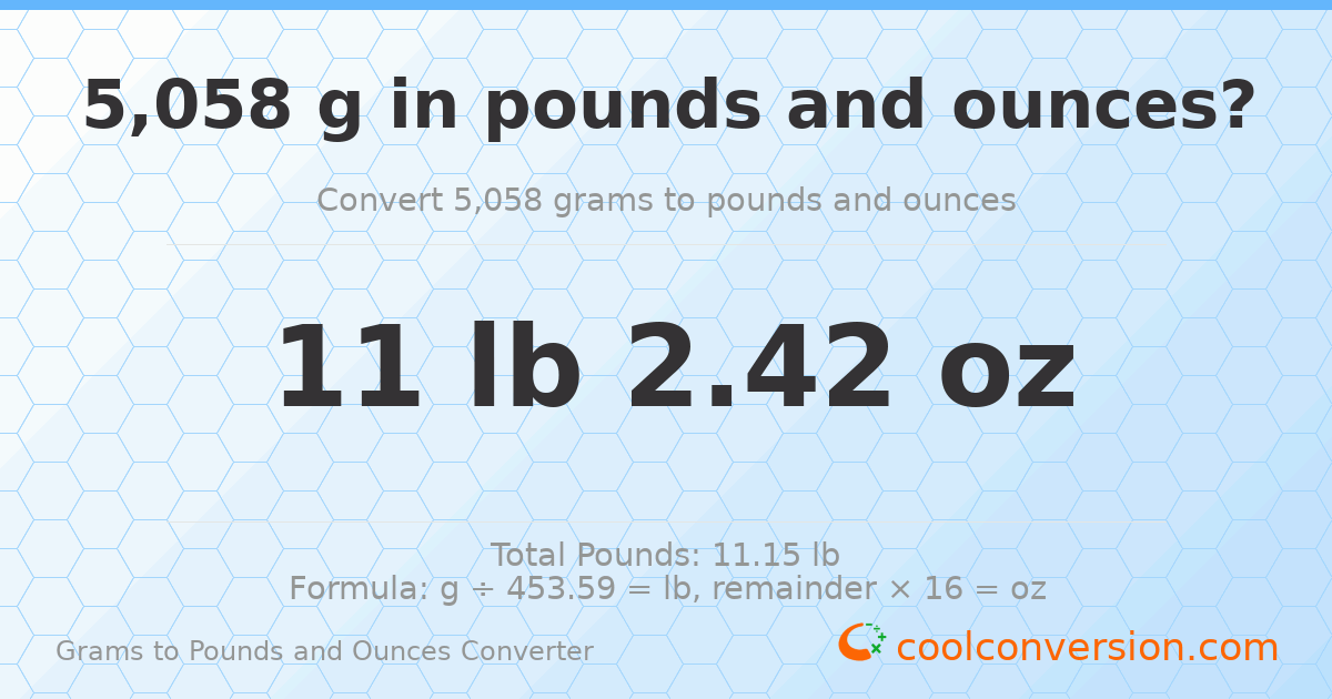 5058 g to lb and oz — 5058 g = 11 lb 2.42 oz