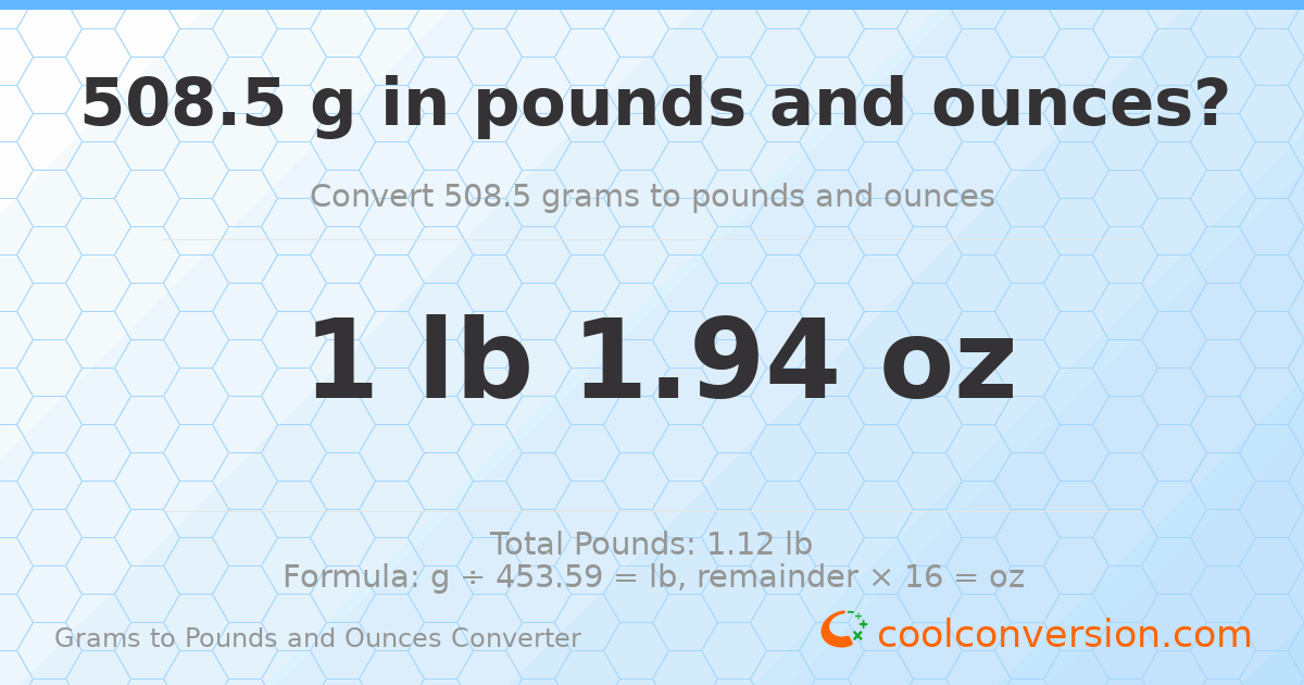 508.5 g to lb and oz — 508.5 g = 1 lb 1.94 oz