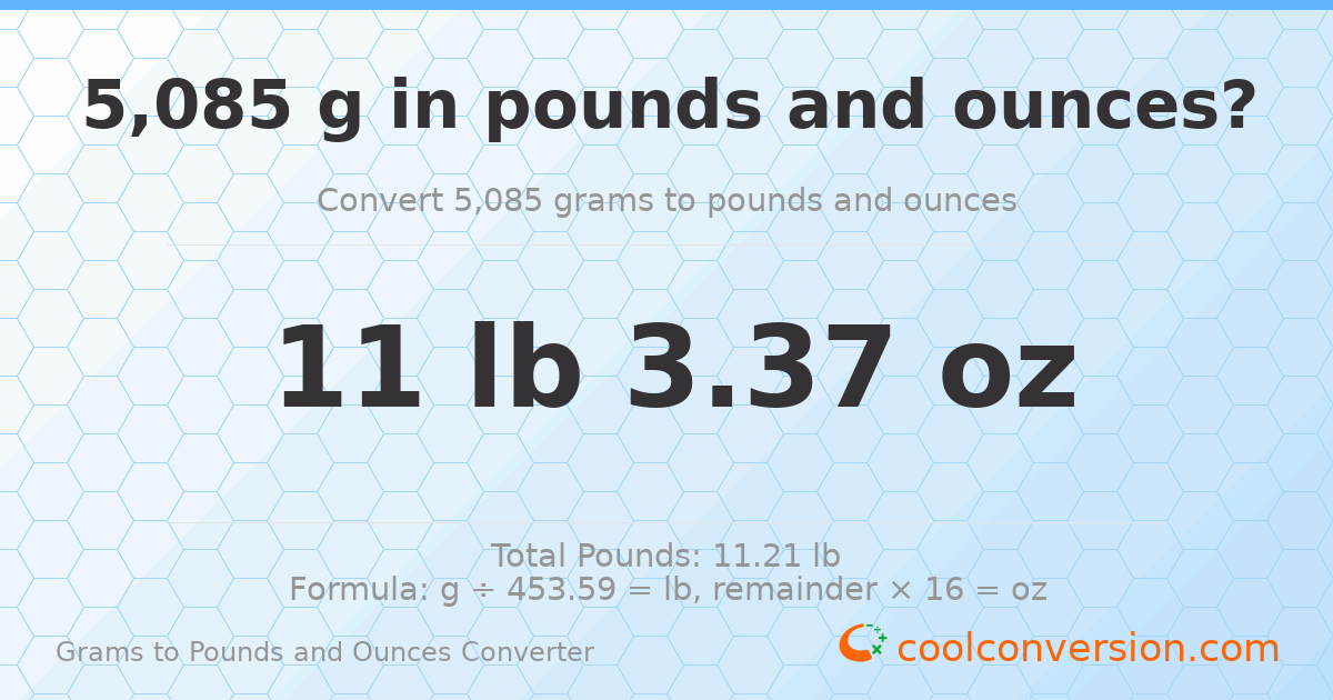 5085 g to lb and oz — 5085 g = 11 lb 3.37 oz