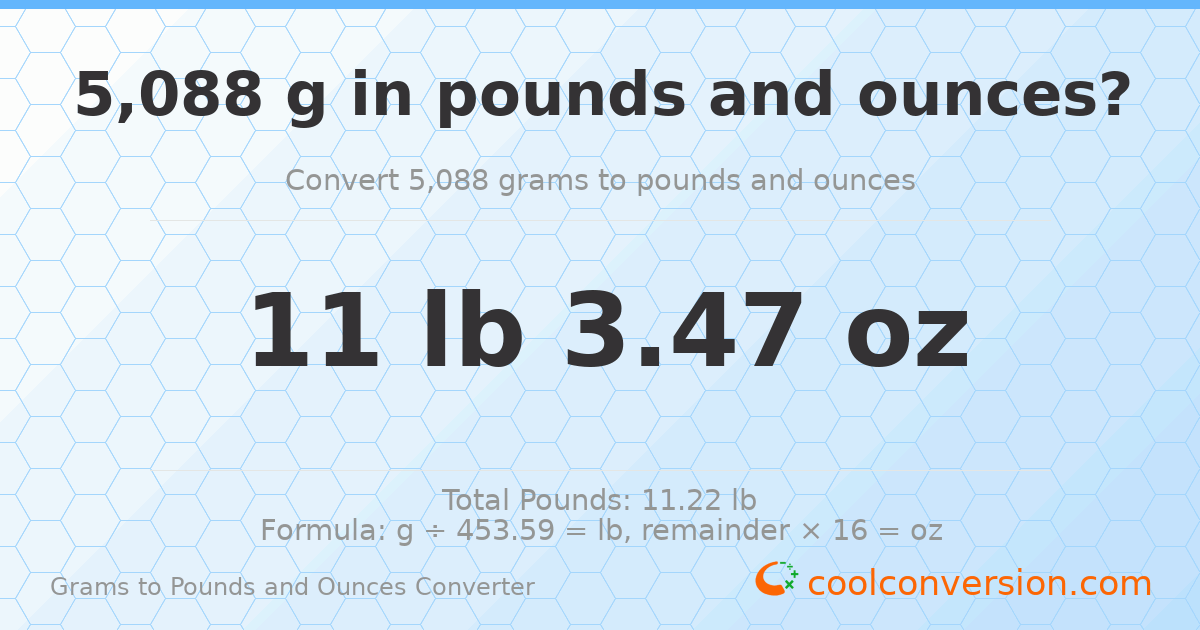 5088 g to lb and oz — 5088 g = 11 lb 3.47 oz