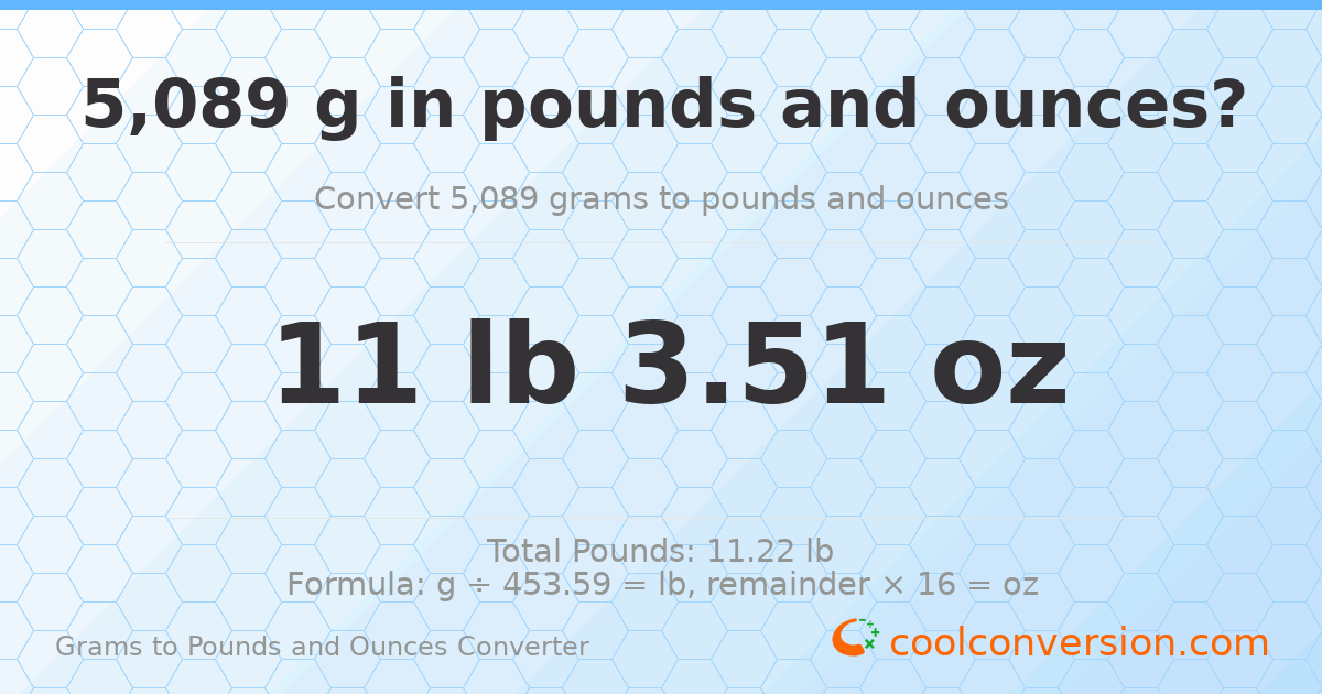 5089 g to lb and oz — 5089 g = 11 lb 3.51 oz