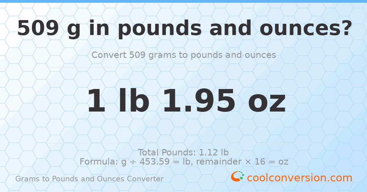 509 g to lb and oz — 509 g = 1 lb 1.95 oz