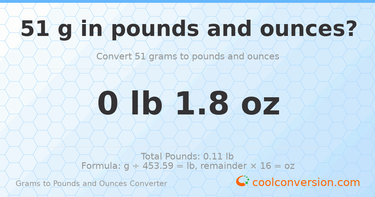 51 g to lb and oz — 51 g = 0 lb 1.8 oz