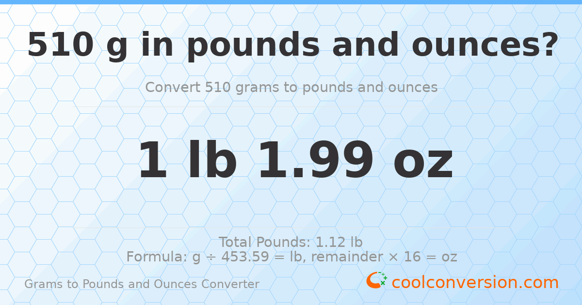 510 g to lb and oz — 510 g = 1 lb 1.99 oz