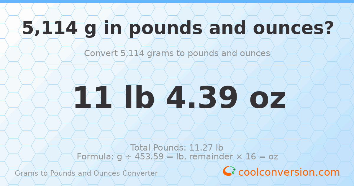 5114 g to lb and oz — 5114 g = 11 lb 4.39 oz