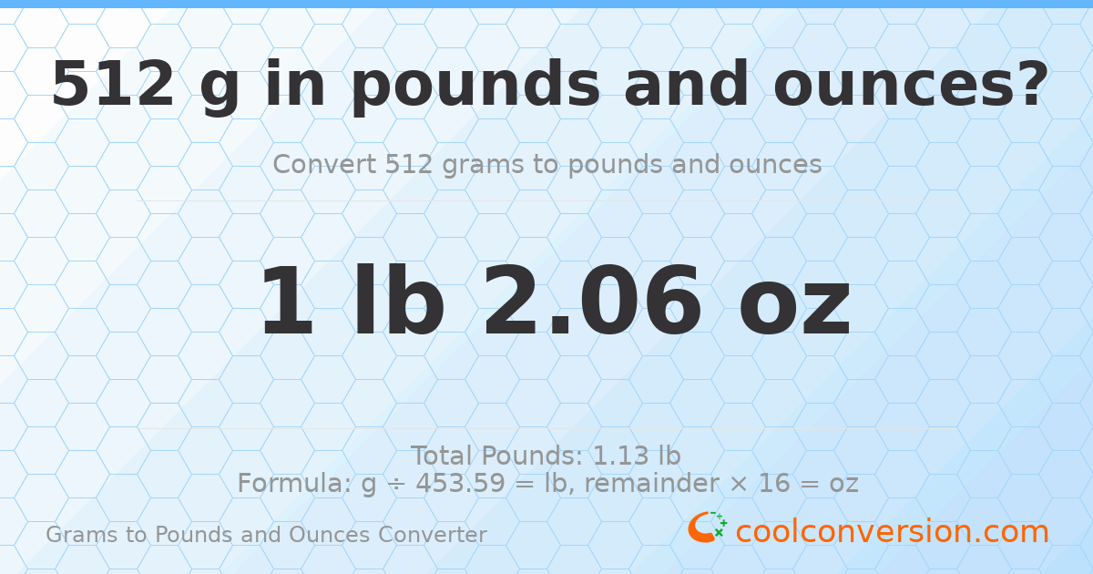 512 g to lb and oz — 512 g = 1 lb 2.06 oz