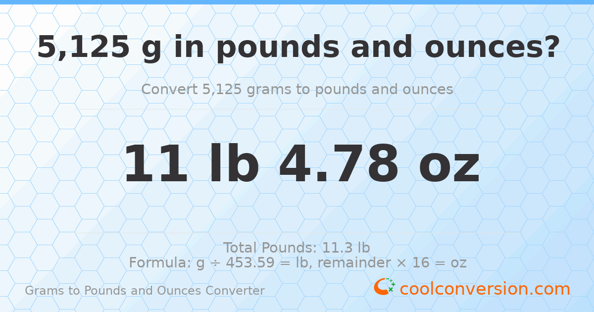 5125 g to lb and oz — 5125 g = 11 lb 4.78 oz
