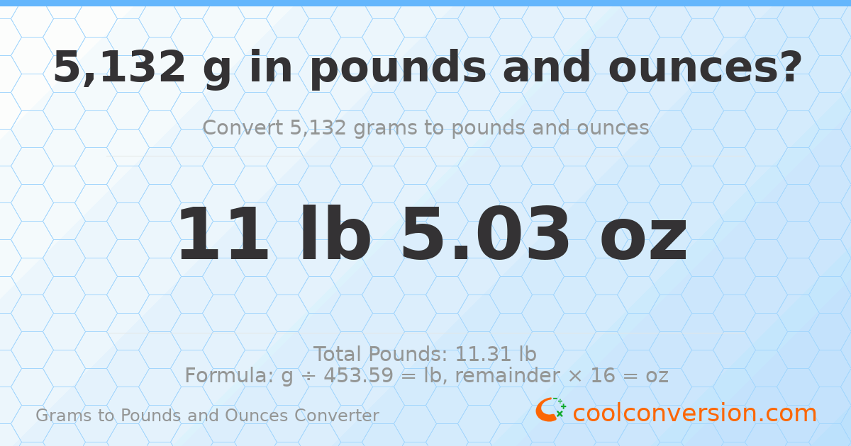 5132 g to lb and oz — 5132 g = 11 lb 5.03 oz