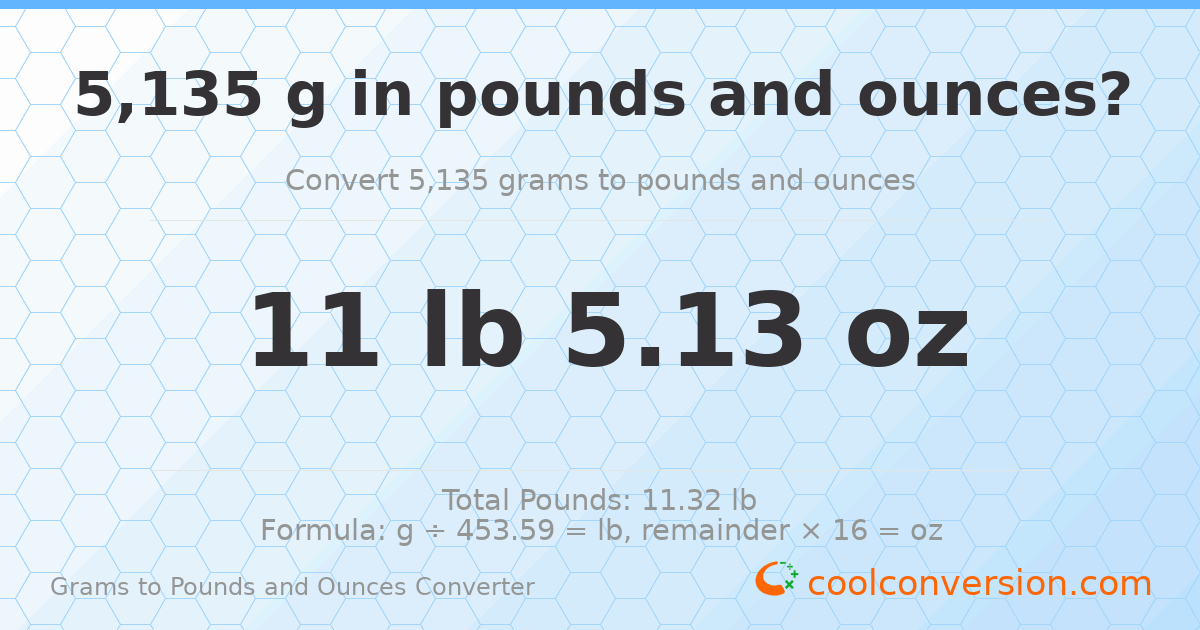 5135 g to lb and oz — 5135 g = 11 lb 5.13 oz