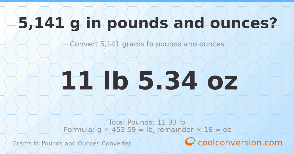 5141 g to lb and oz — 5141 g = 11 lb 5.34 oz