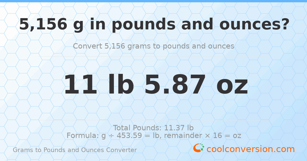 5156 g to lb and oz — 5156 g = 11 lb 5.87 oz