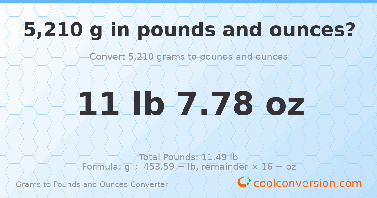 5210 g to lb and oz — 5210 g = 11 lb 7.78 oz