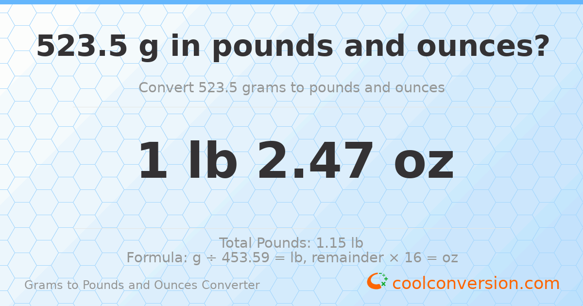 523.5 g to lb and oz — 523.5 g = 1 lb 2.47 oz