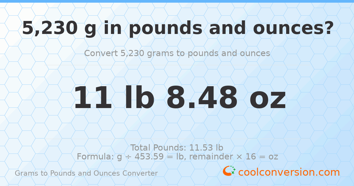 5230 g to lb and oz — 5230 g = 11 lb 8.48 oz