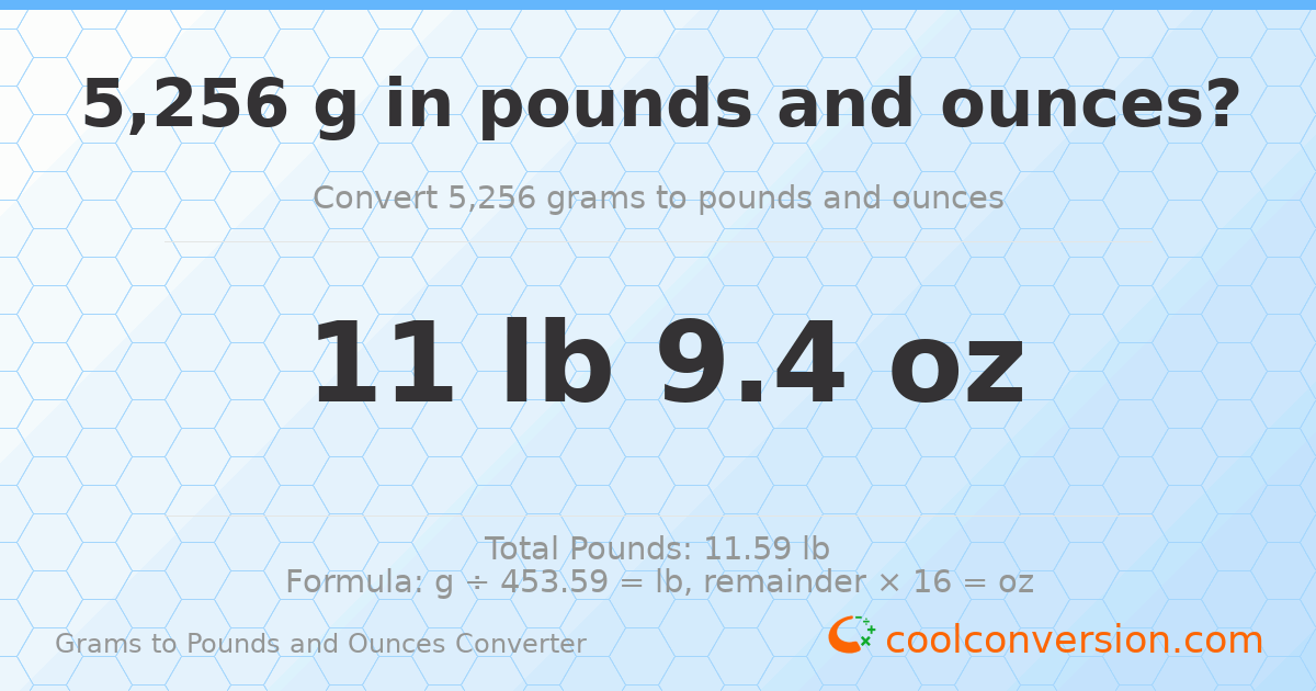 5256 g to lb and oz — 5256 g = 11 lb 9.4 oz