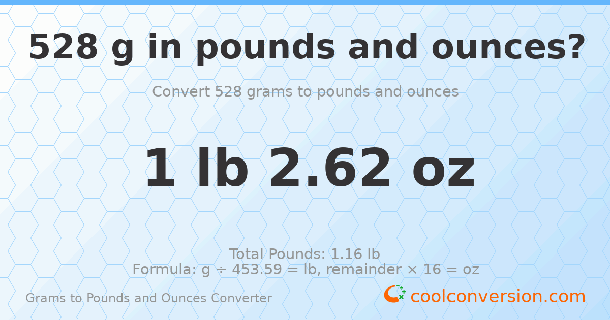 528 g to lb and oz — 528 g = 1 lb 2.62 oz