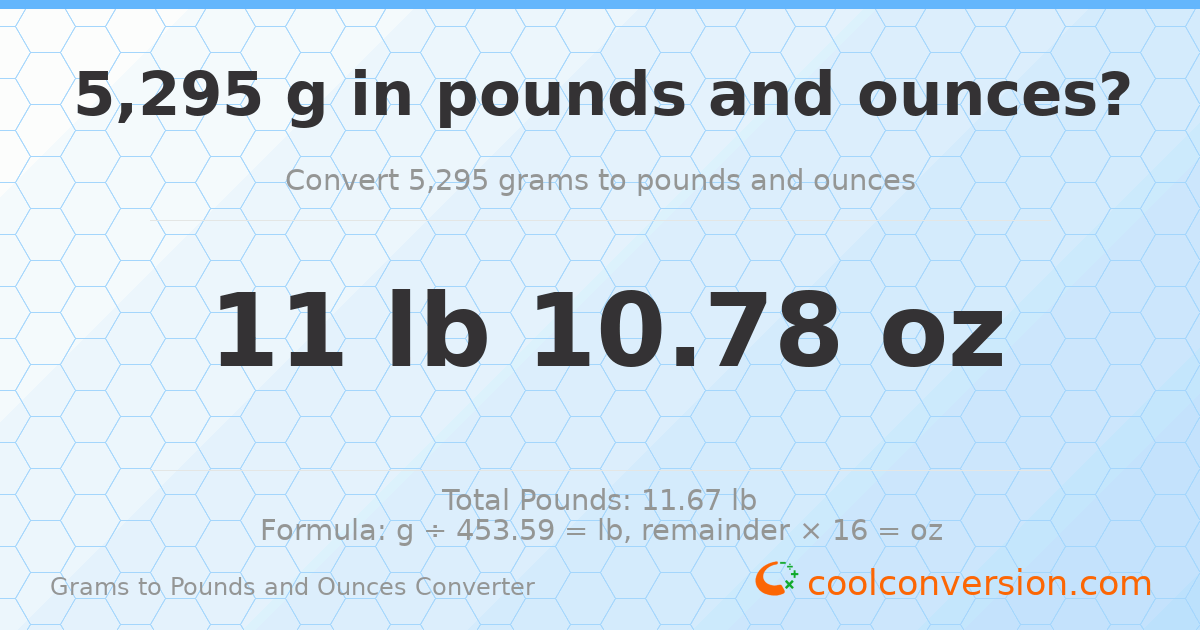 5295 g to lb and oz — 5295 g = 11 lb 10.78 oz