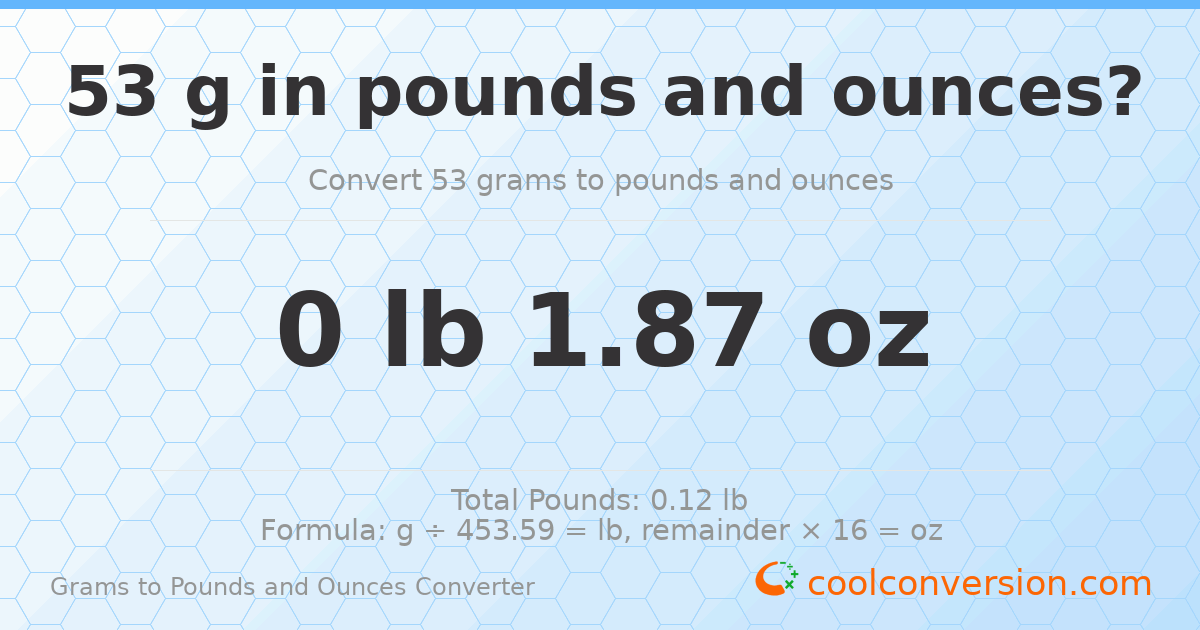 53 g to lb and oz — 53 g = 0 lb 1.87 oz