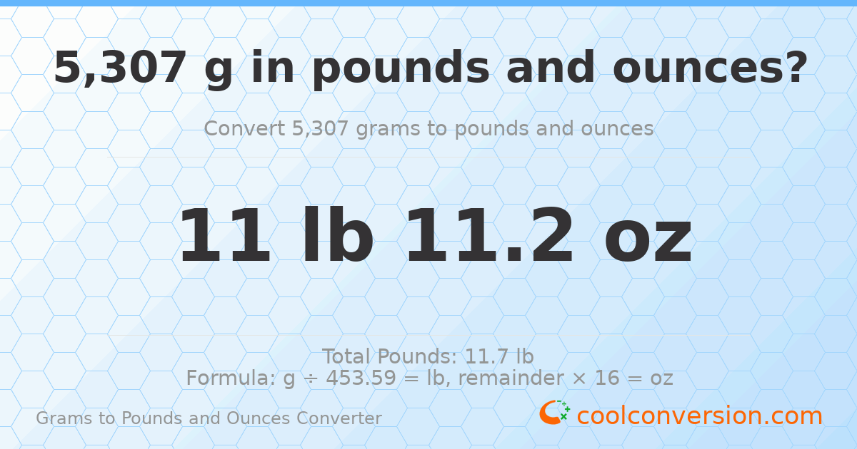 5307 g to lb and oz — 5307 g = 11 lb 11.2 oz