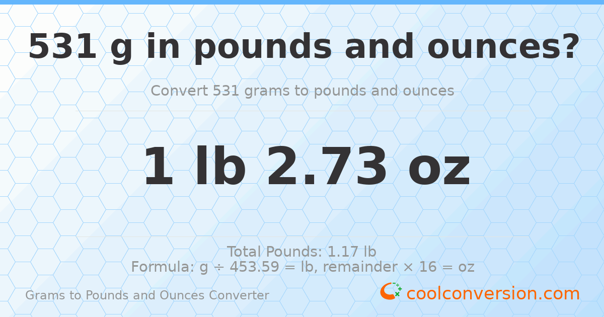 531 g to lb and oz — 531 g = 1 lb 2.73 oz