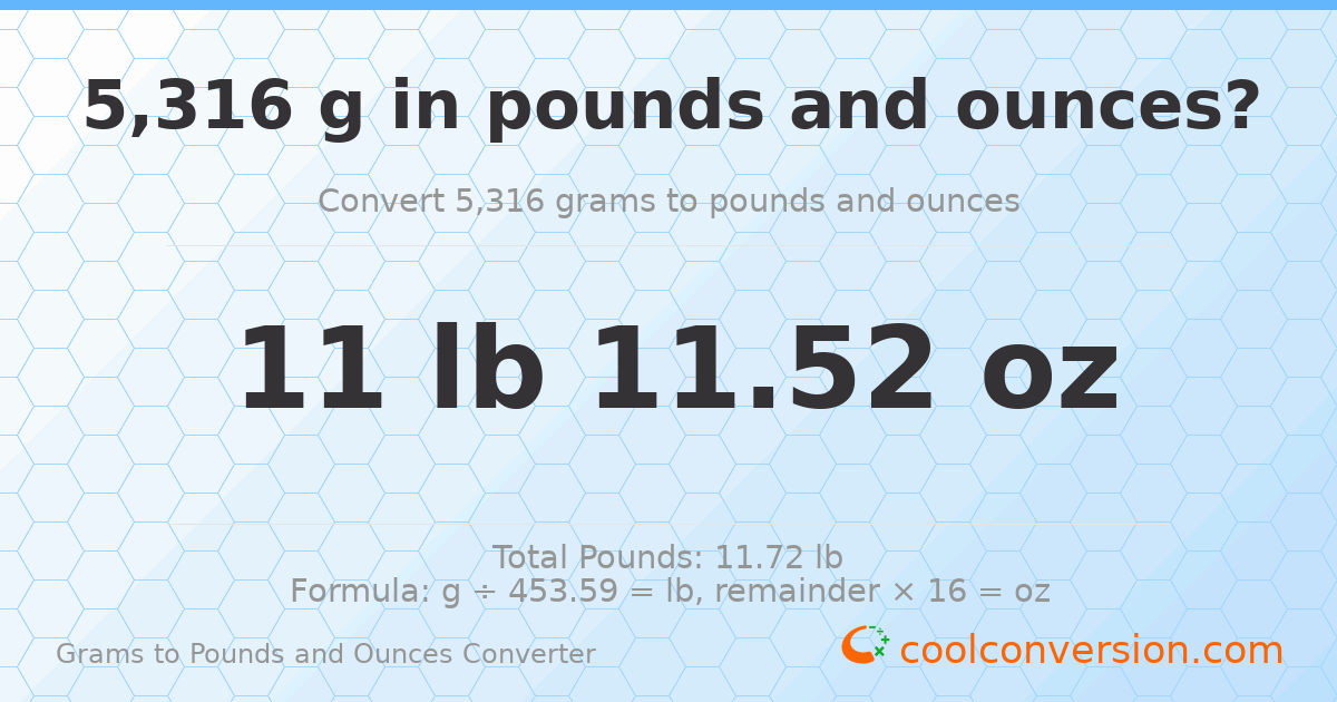 5316 g to lb and oz — 5316 g = 11 lb 11.52 oz