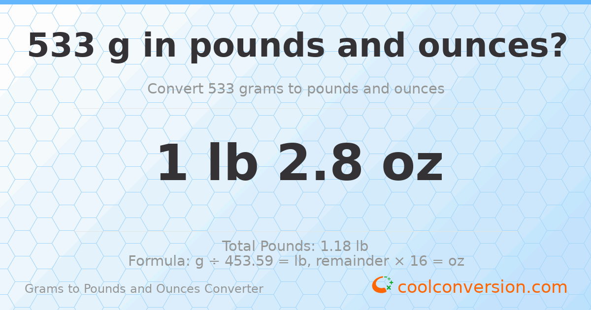 533 g to lb and oz — 533 g = 1 lb 2.8 oz