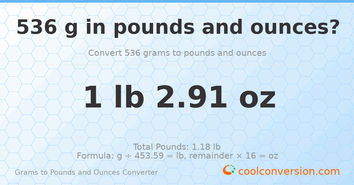 536 g to lb and oz — 536 g = 1 lb 2.91 oz