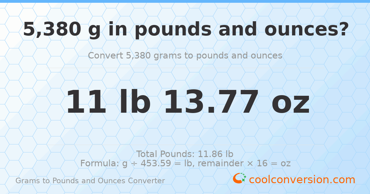 5380 g to lb and oz — 5380 g = 11 lb 13.77 oz