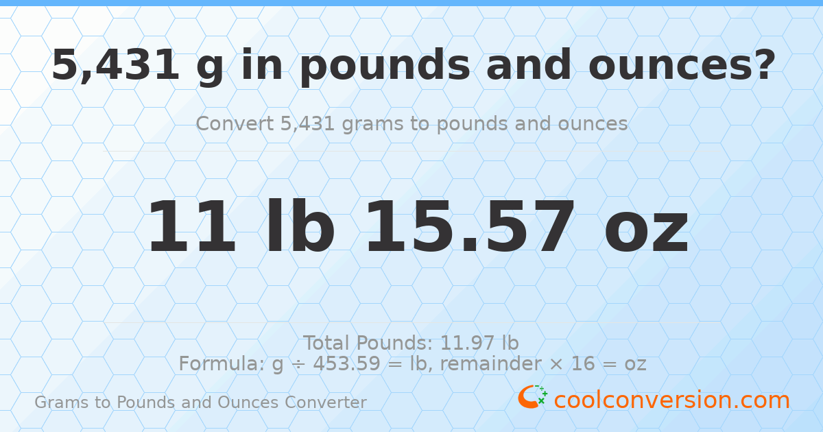 5431 g to lb and oz — 5431 g = 11 lb 15.57 oz