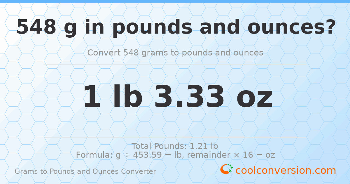 548 g to lb and oz — 548 g = 1 lb 3.33 oz