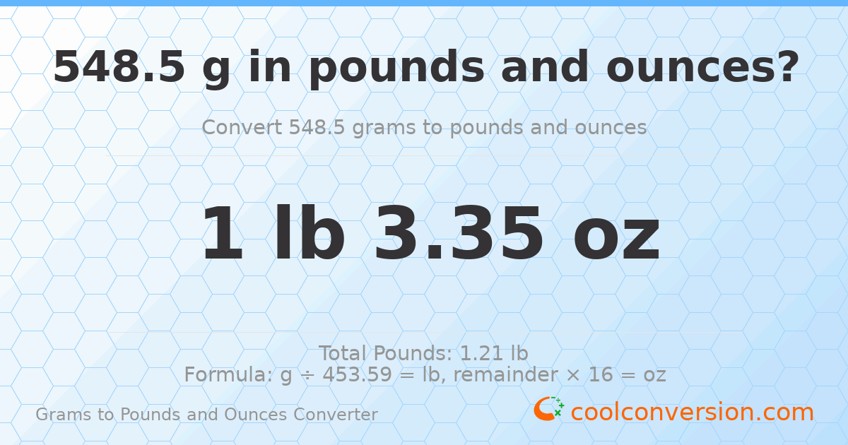 548.5 g to lb and oz — 548.5 g = 1 lb 3.35 oz