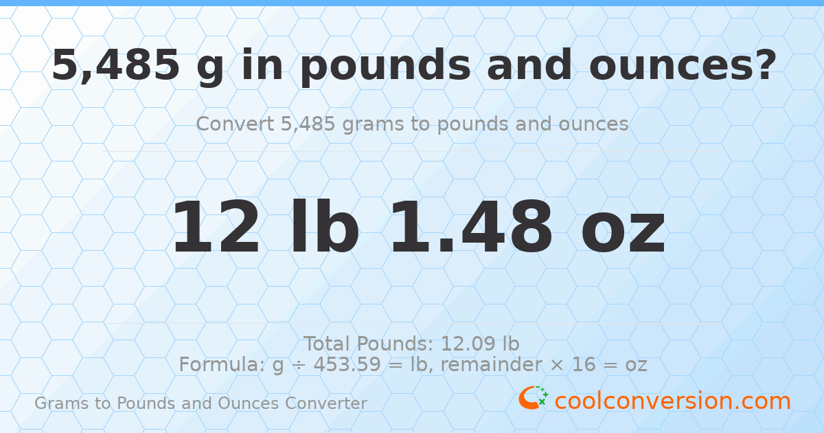5485 g to lb and oz — 5485 g = 12 lb 1.48 oz