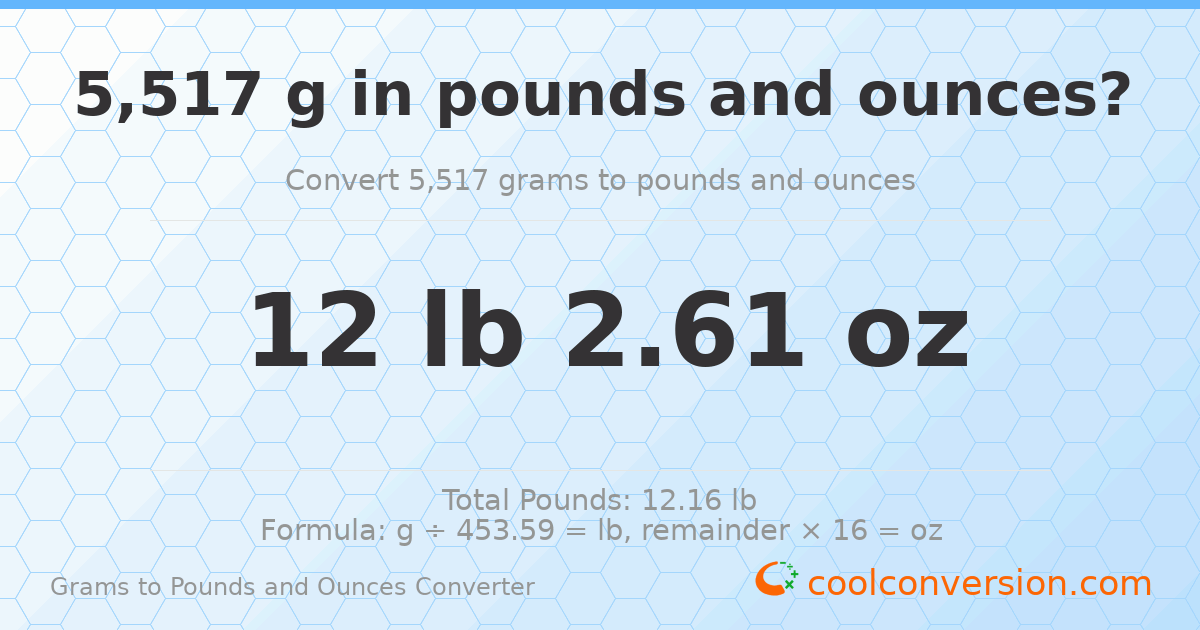 5517 g to lb and oz — 5517 g = 12 lb 2.61 oz