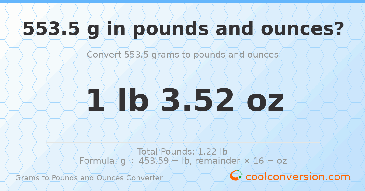 553.5 g to lb and oz — 553.5 g = 1 lb 3.52 oz