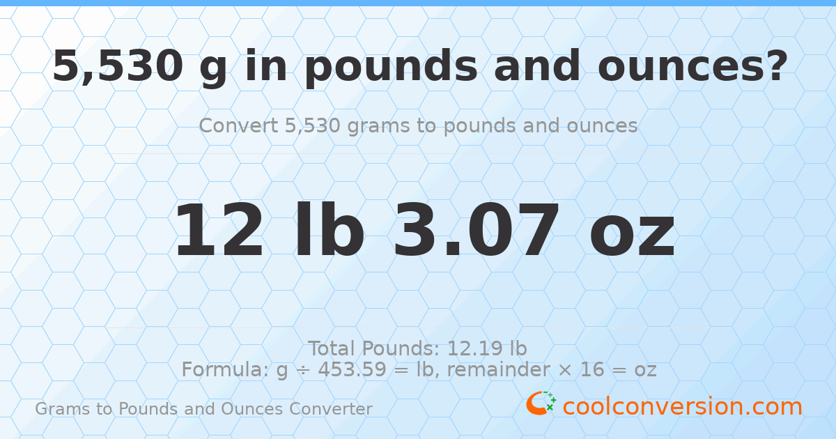 5530 g to lb and oz — 5530 g = 12 lb 3.07 oz