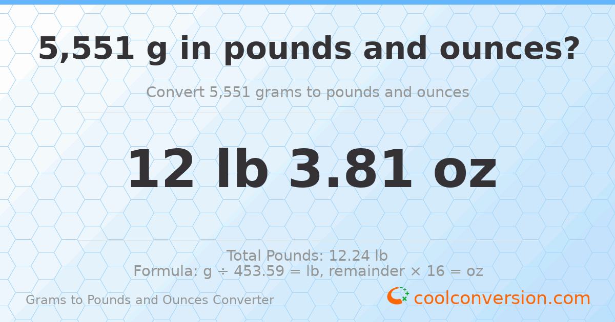 5551 g to lb and oz — 5551 g = 12 lb 3.81 oz