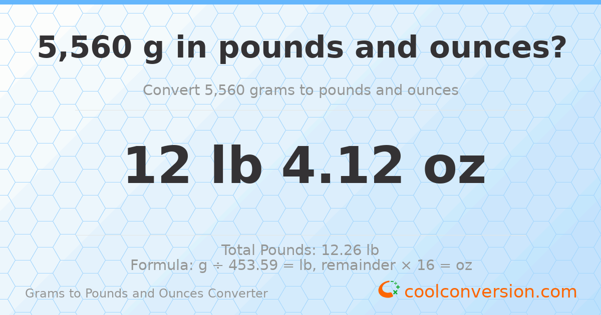 5560 g to lb and oz — 5560 g = 12 lb 4.12 oz