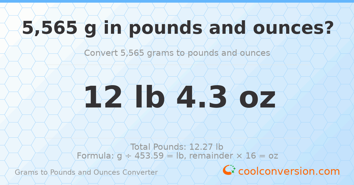 5565 g to lb and oz — 5565 g = 12 lb 4.3 oz
