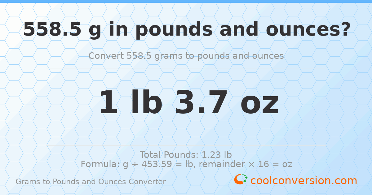 558.5 g to lb and oz — 558.5 g = 1 lb 3.7 oz