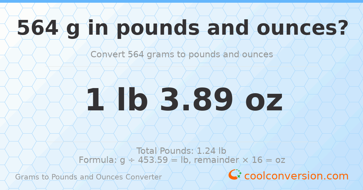 564 g to lb and oz — 564 g = 1 lb 3.89 oz