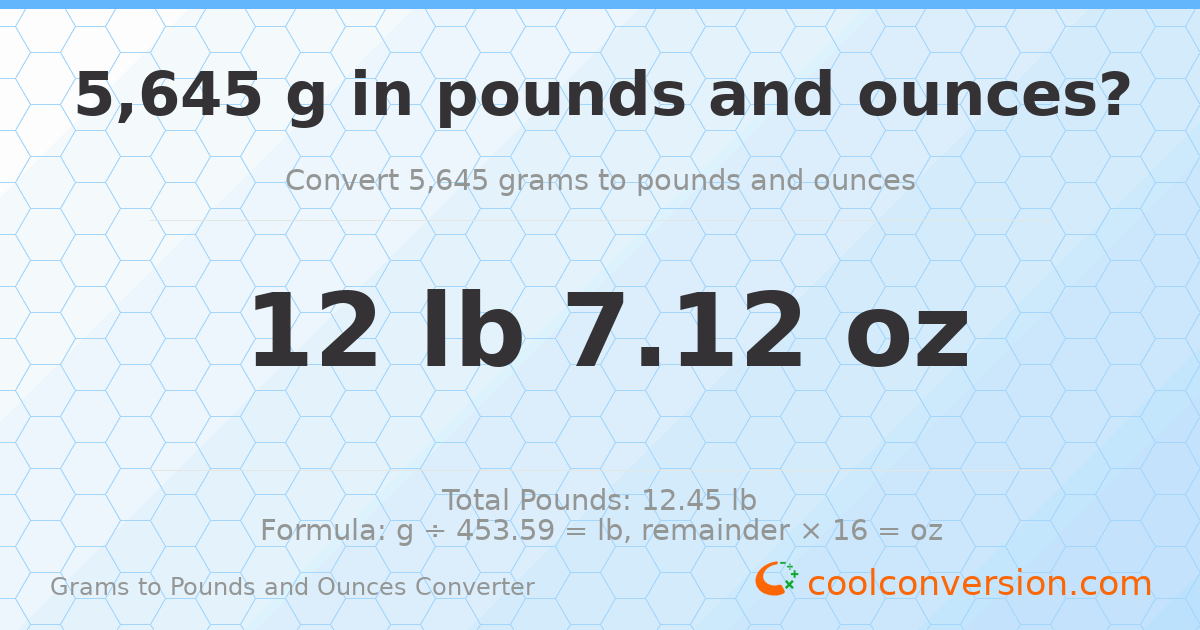 5645 g to lb and oz — 5645 g = 12 lb 7.12 oz
