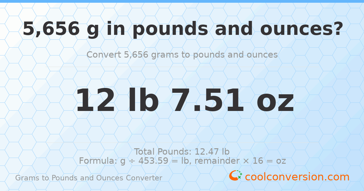 5656 g to lb and oz — 5656 g = 12 lb 7.51 oz