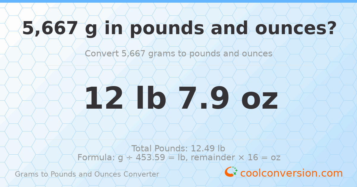 5667 g to lb and oz — 5667 g = 12 lb 7.9 oz