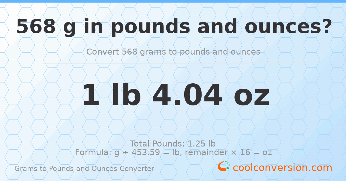 568 g to lb and oz — 568 g = 1 lb 4.04 oz