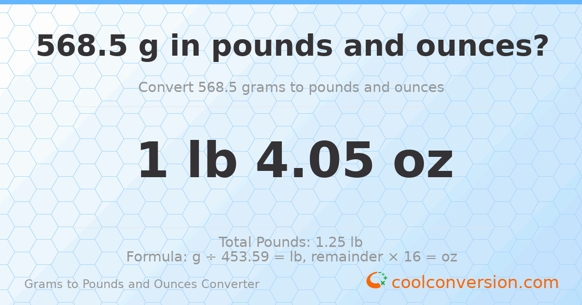 568.5 g to lb and oz — 568.5 g = 1 lb 4.05 oz