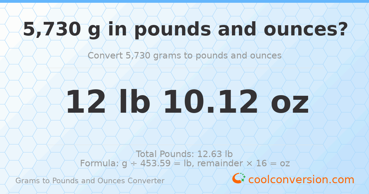 5730 g to lb and oz — 5730 g = 12 lb 10.12 oz