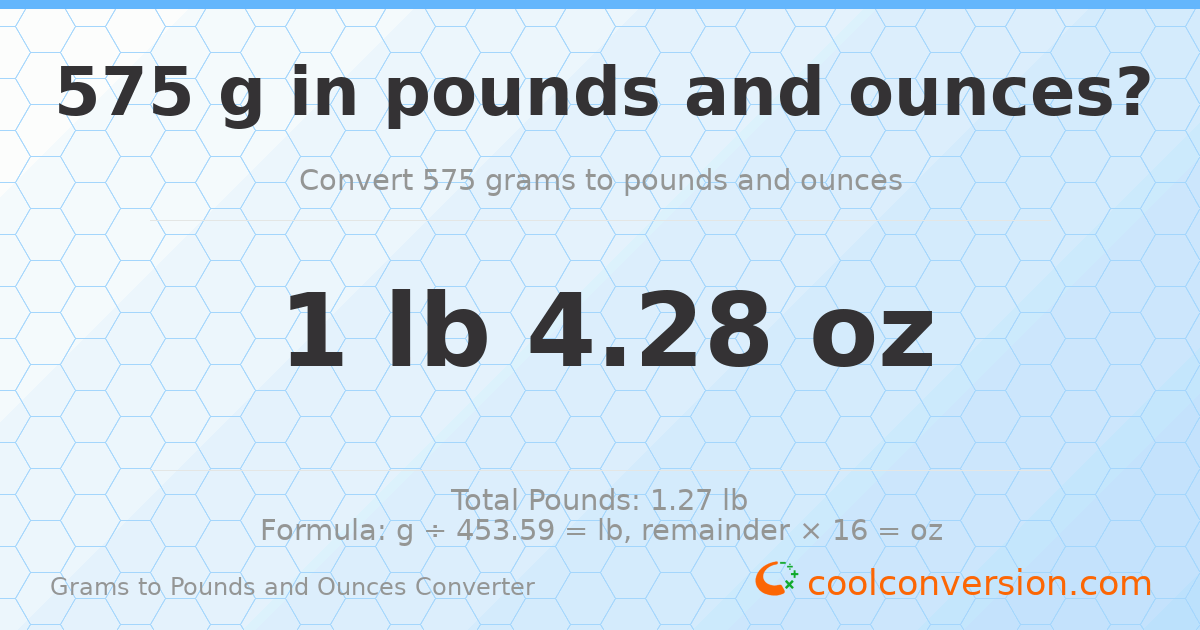575 g to lb and oz — 575 g = 1 lb 4.28 oz