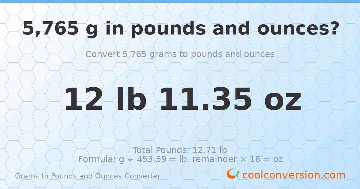 5765 g to lb and oz — 5765 g = 12 lb 11.35 oz
